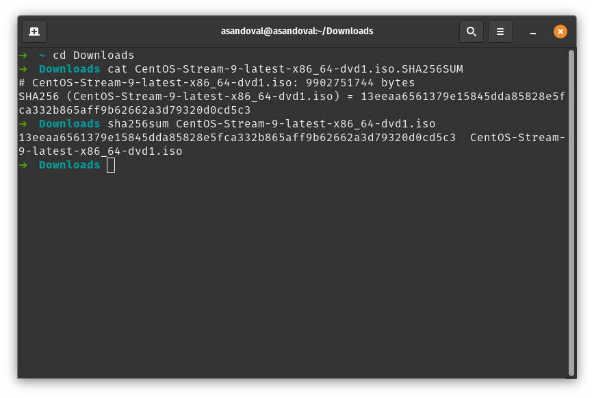 Terminal screen showing the checksum file content and the hash gotten from the ISO file